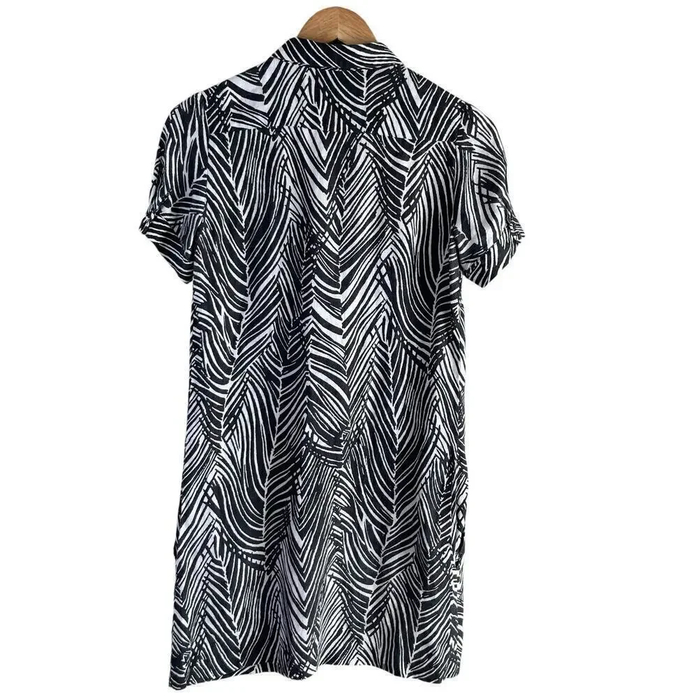 Zara 100% Linen Zebra Print Mini Shirt Dress Short Sleeves Black‎ White, Size XS
